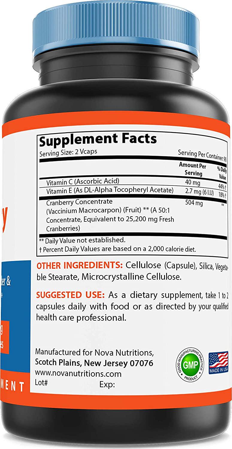 Nova Nutritions Cranberry Urinary Tract Health Dietary Supplement, 12600mg Vegetarian Craberry Pills with Vitamin C and Vitamin E, Helps Cleanse and Protect The Urinary Tract, 180 Count