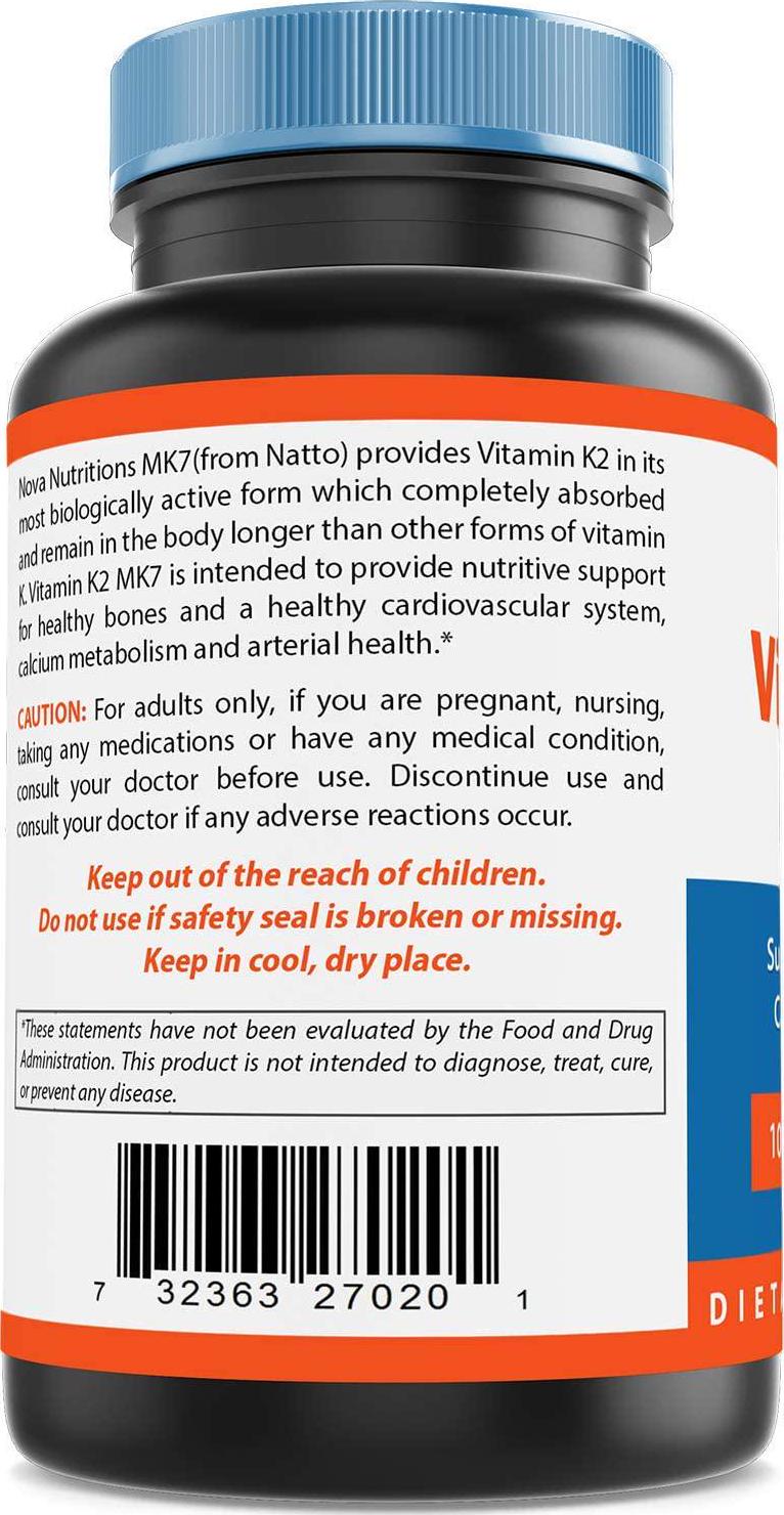 Nova Nutritions Vitamin K2 MK7 100 mcg 120 Veggie Capsules
