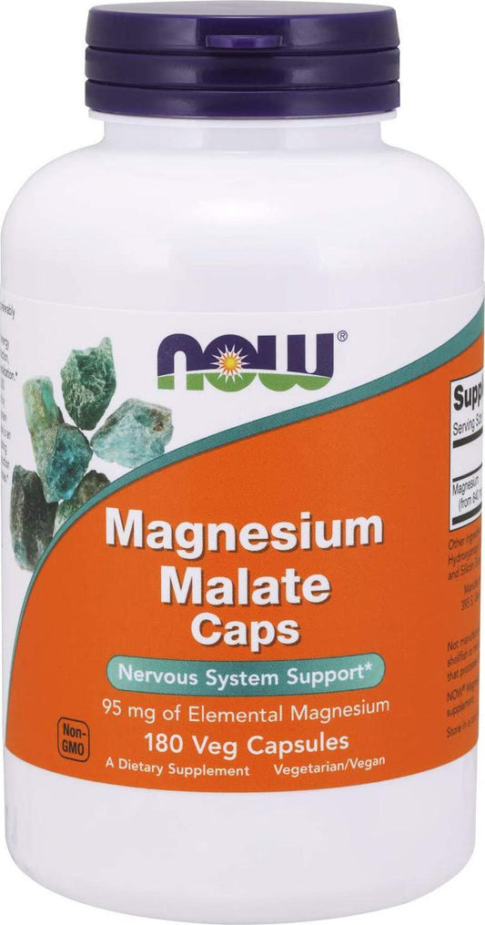Now Foods Supplements, Magnesium Malate Caps with 95 mg of Elemental Magnesium, Nervous System Support*, 180 Veg Capsules