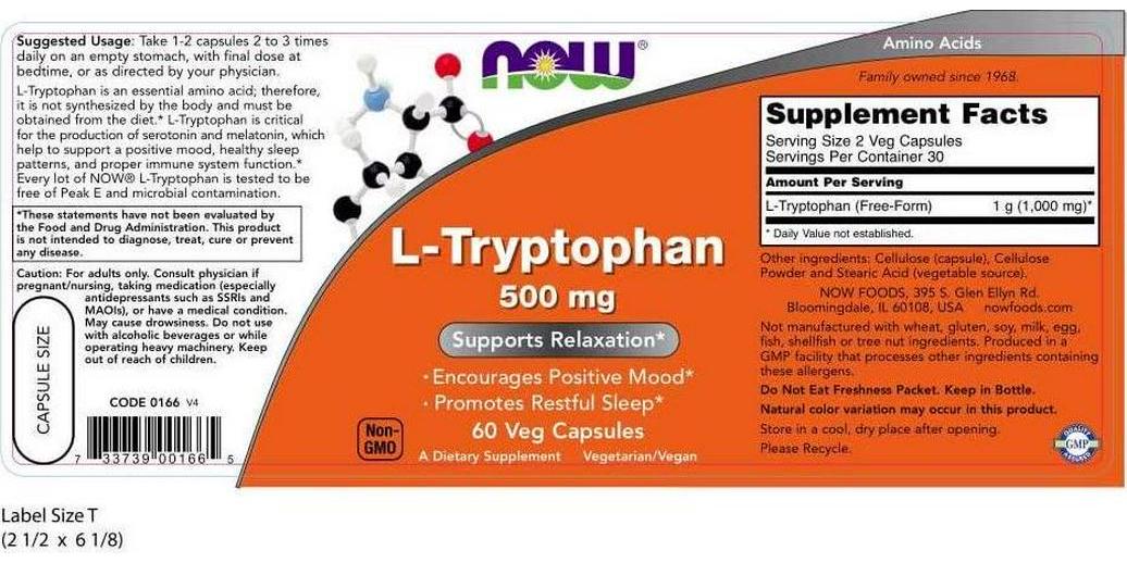 Now Supplements, L-Tryptophan 500 mg, 60 Veg Capsules