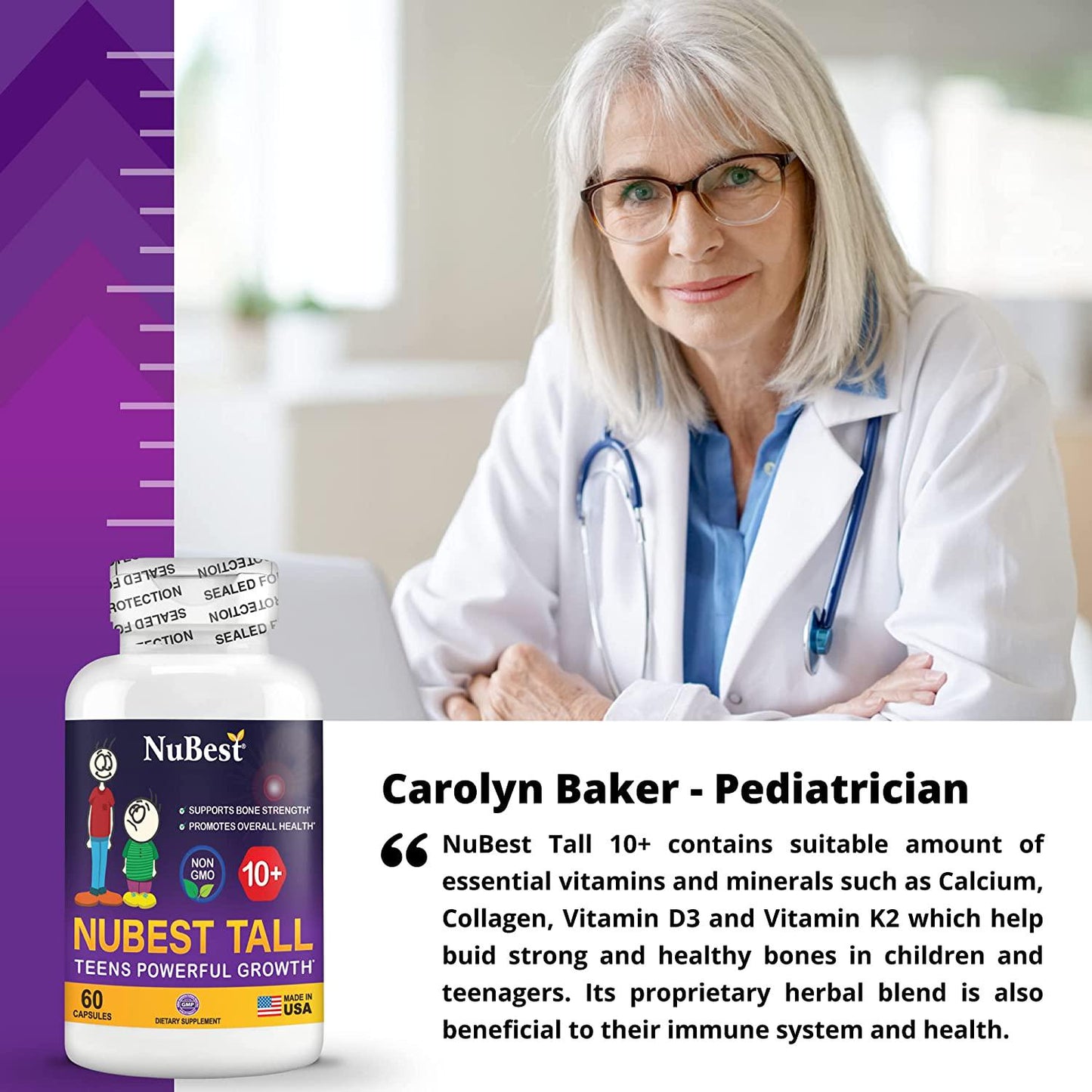 NuBest Tall 10+ - Advanced Growth Formula - Powerful Bone Strength Support - for Children (10+) and Teens Who Drink Milk Daily - Grow Strong and Stay Healthy - 60 Capsules