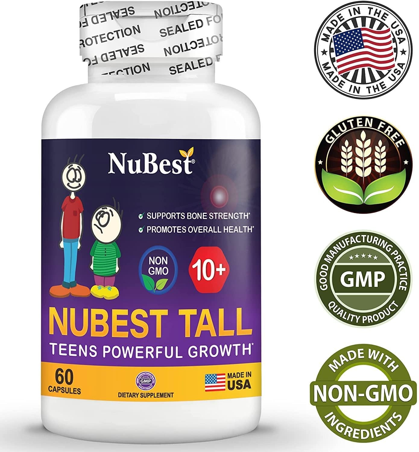 NuBest Tall 10+ - Advanced Growth Formula - Powerful Bone Strength Support - for Children (10+) and Teens Who Drink Milk Daily - Grow Strong and Stay Healthy - 60 Capsules