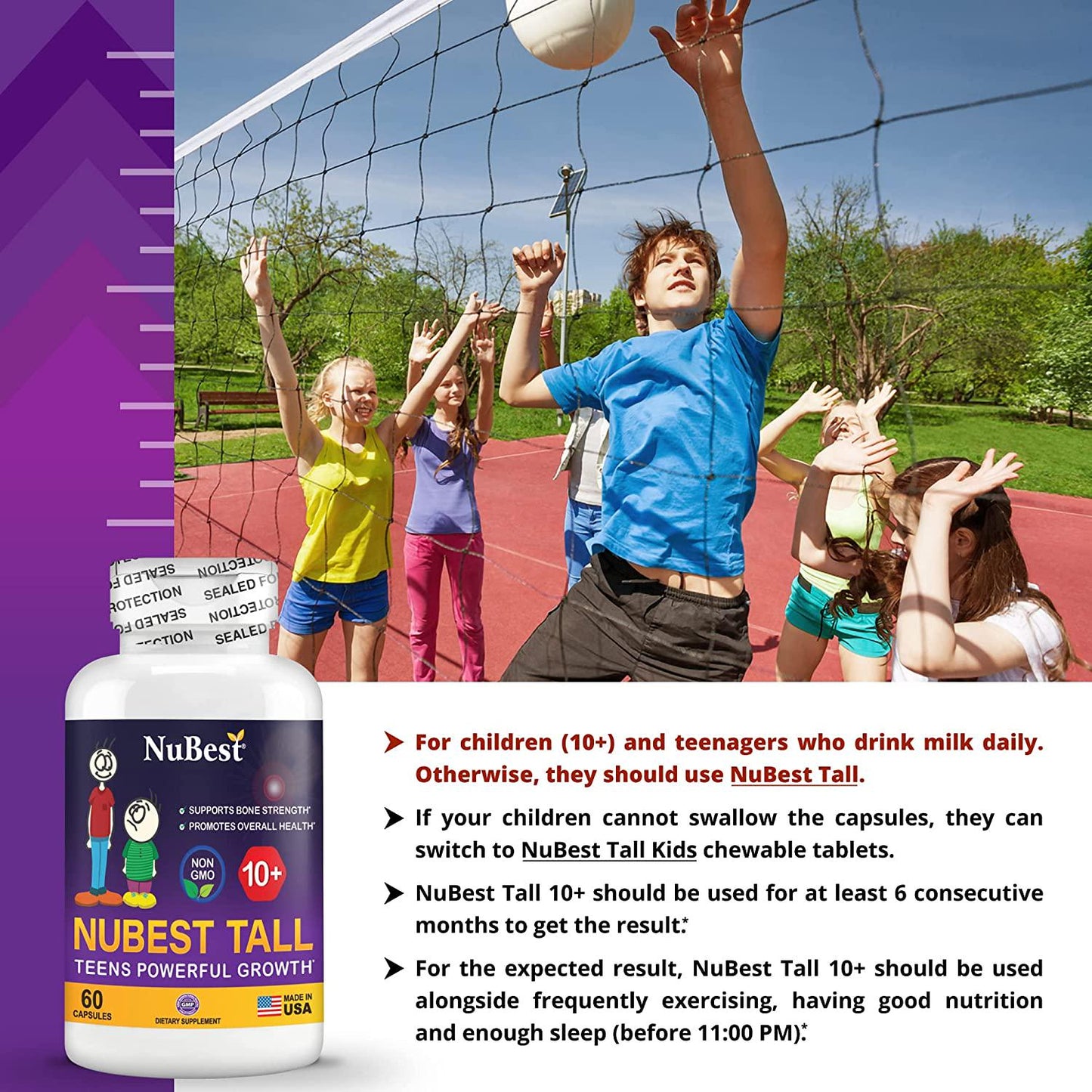 NuBest Tall 10+ - Advanced Growth Formula - Powerful Bone Strength Support - for Children (10+) and Teens Who Drink Milk Daily - Grow Strong and Stay Healthy - 60 Capsules