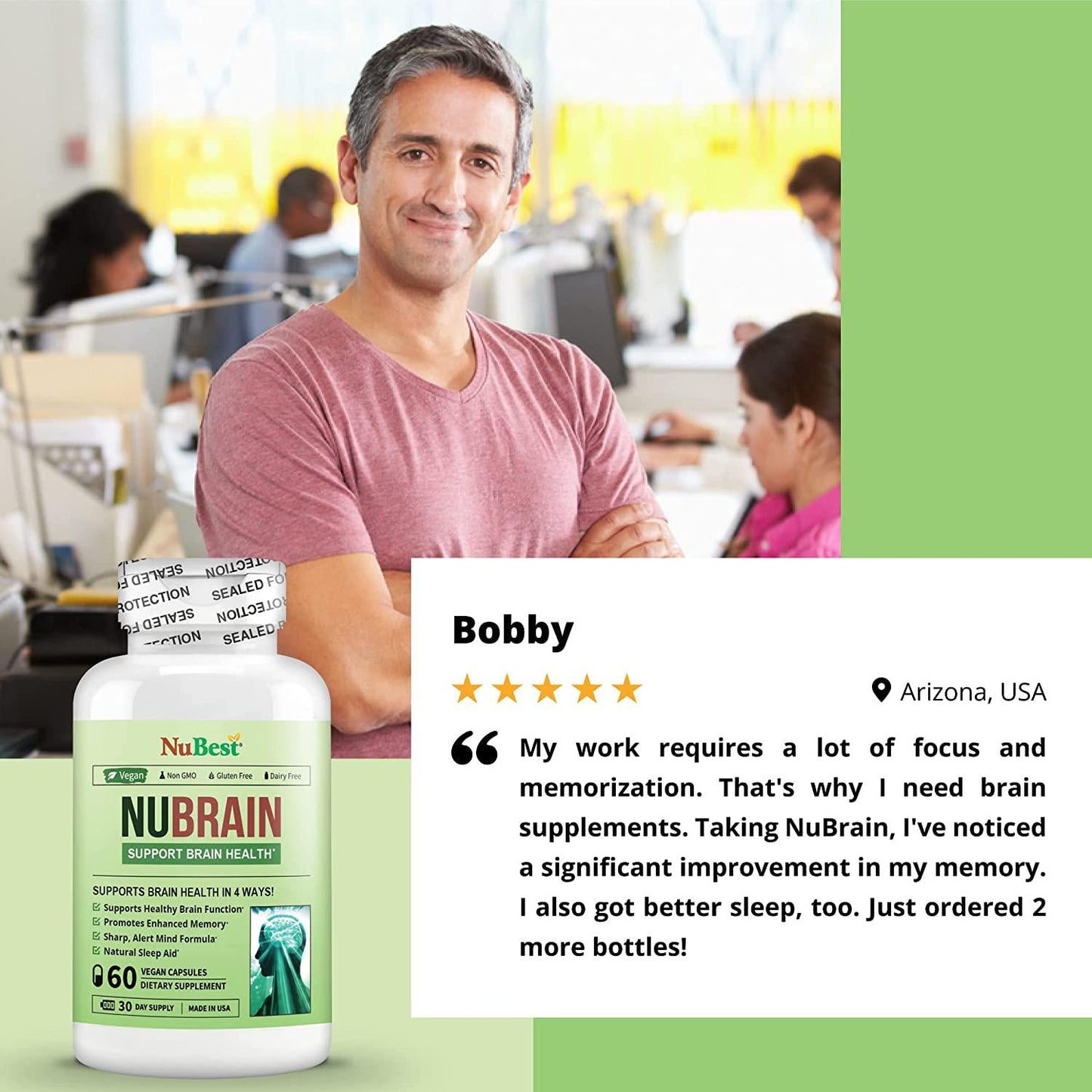 NuBrain - Support Brain Health and Brain Functions - Enhance Cerebral Circulation - Improve Focus, Memory, Sleep and Cognition - 60 Veggie Capsules