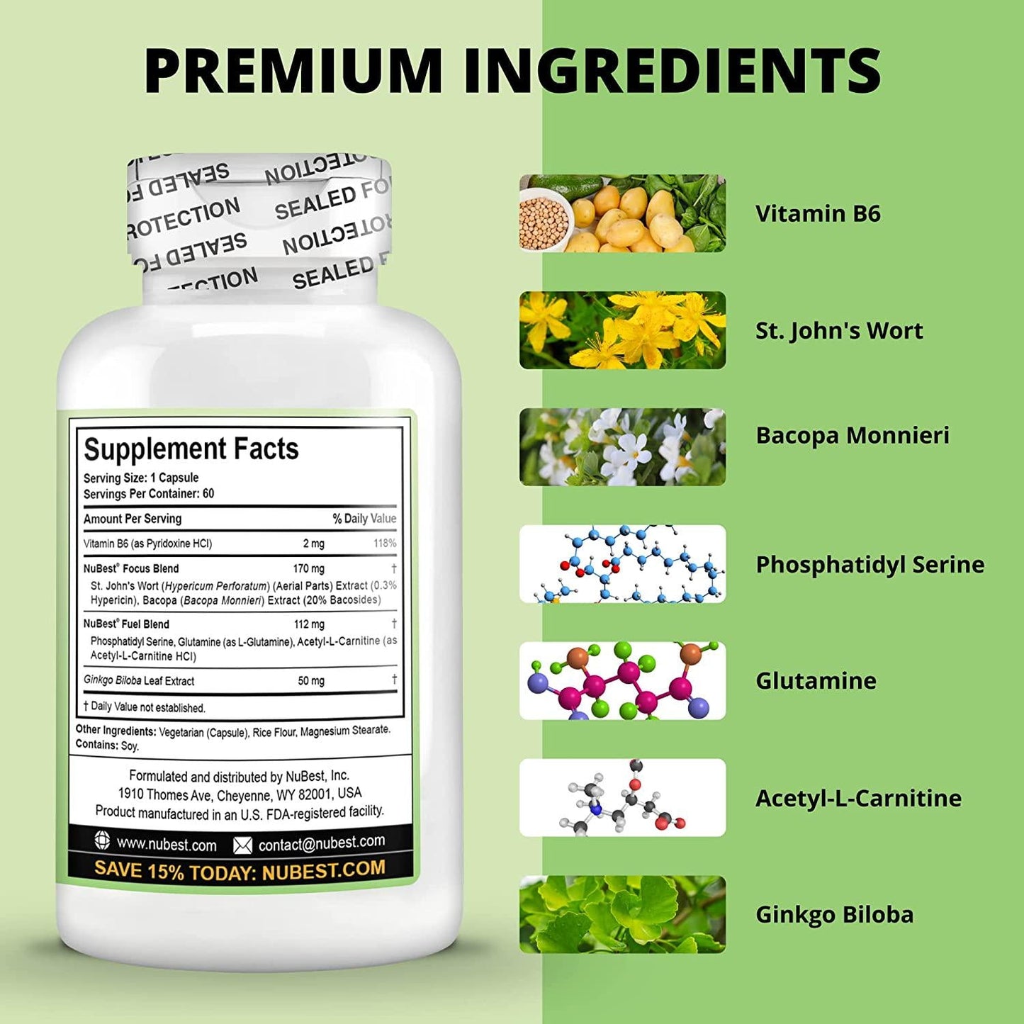 NuBrain - Support Brain Health and Brain Functions - Enhance Cerebral Circulation - Improve Focus, Memory, Sleep and Cognition - 60 Veggie Capsules