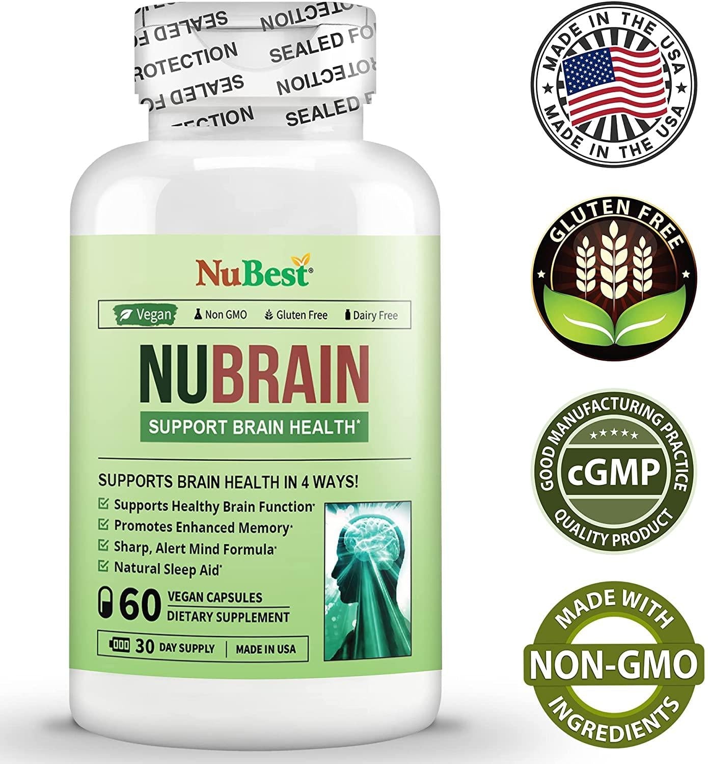 NuBrain - Support Brain Health and Brain Functions - Enhance Cerebral Circulation - Improve Focus, Memory, Sleep and Cognition - 60 Veggie Capsules