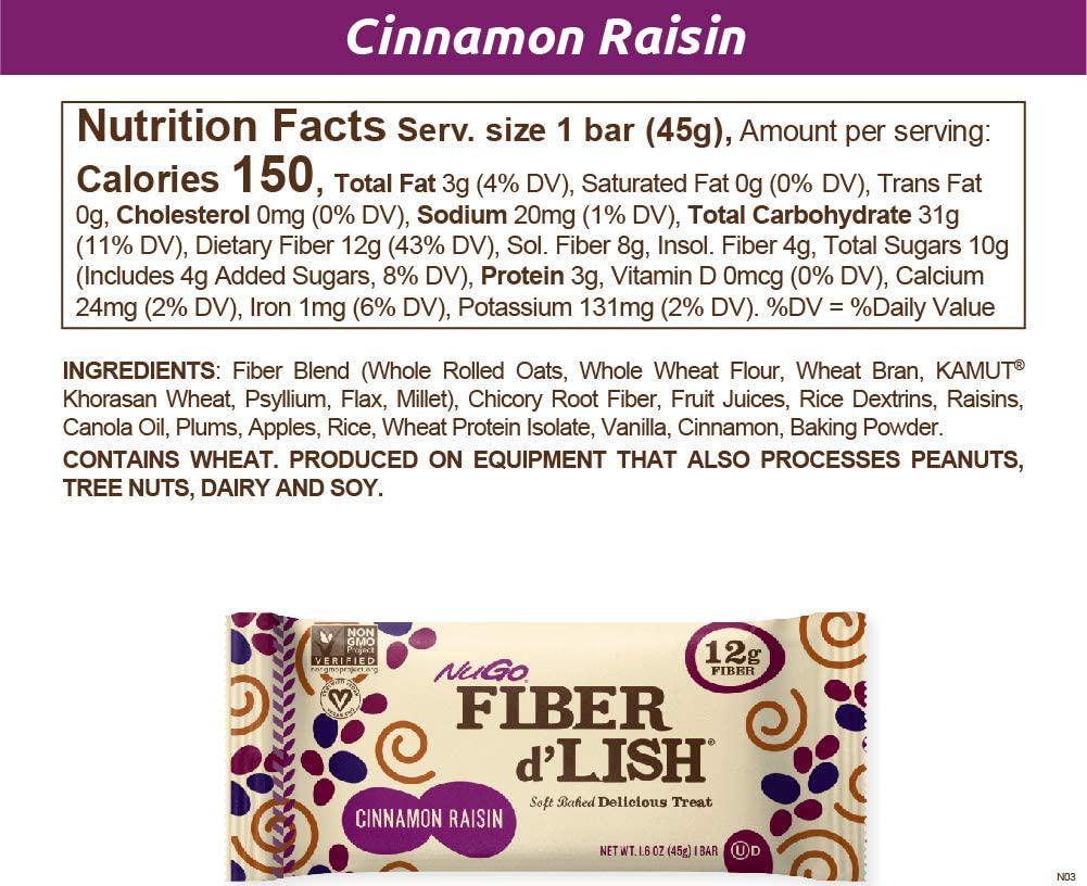 NuGO Fiber d'Lish Cinnamon Raisin, 12g High Fiber, Vegan, 150 Calories, 16 Count