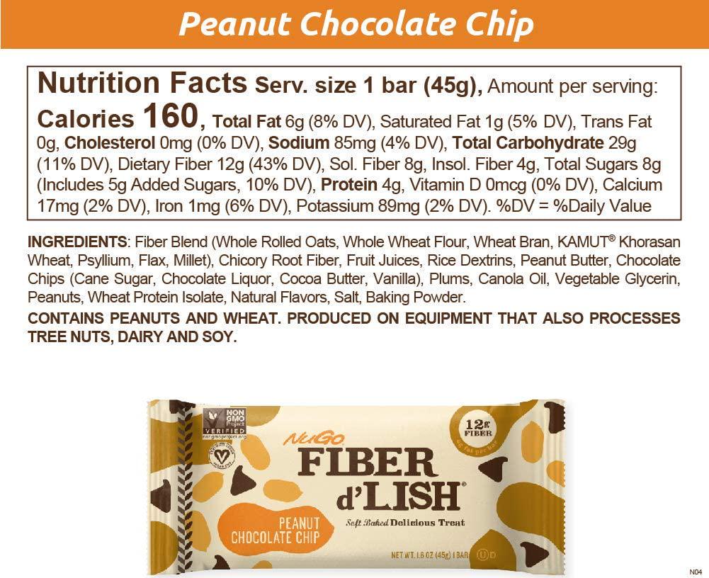 NuGO Fiber d'Lish Peanut Chocolate Chip, 12g High Fiber, Vegan, 160 Calories, 16 Count