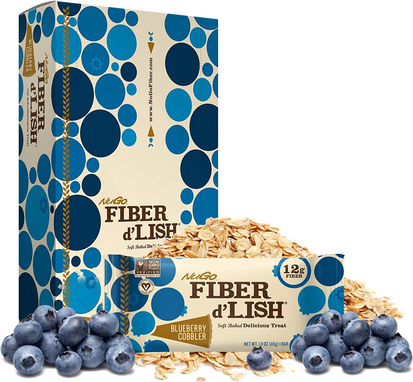 NuGo Fiber d'Lish Blueberry Cobbler, 12g High Fiber, Vegan, 150 Calories, 16 Count