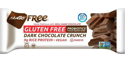 NuGo Free Dark Vegan 9g rice protein bar, Probiotics, Gluten Free, Soy Free, Dark Chocolate Crunch, 1.59-Ounce Bars (Pack of 12)