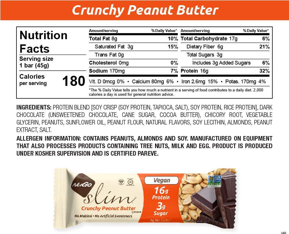 NuGo Slim Dark Chocolate 16g Vegan Protein 3g Sugar, 7g Fiber, 180 Calories, Low Net Carbs, Gluten Free, Crunchy Peanut Butter, 24 Count