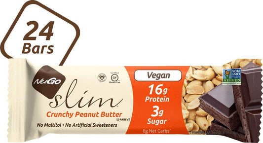 NuGo Slim Dark Chocolate 16g Vegan Protein 3g Sugar, 7g Fiber, 180 Calories, Low Net Carbs, Gluten Free, Crunchy Peanut Butter, 24 Count