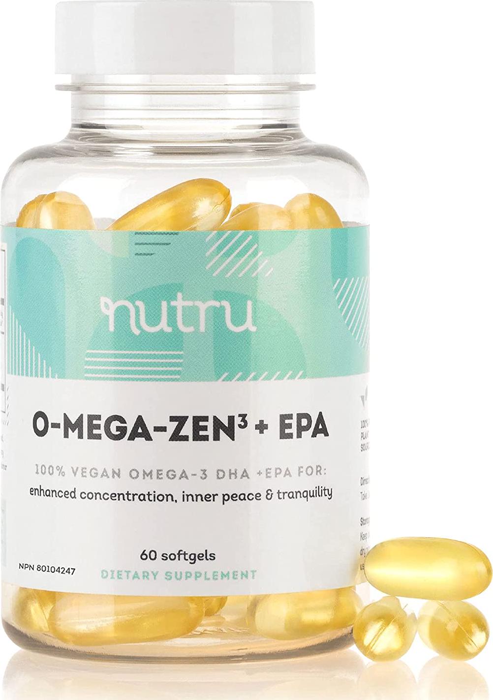NuTru O-Mega-Zen3 +EPA Vegan Supplement - Algal Omega3 Essential Fatty Acids - 150 mg EPA and 300 mg DHA - Supplements for Brain, Joint and Heart Health - 60 Vegan Softgels