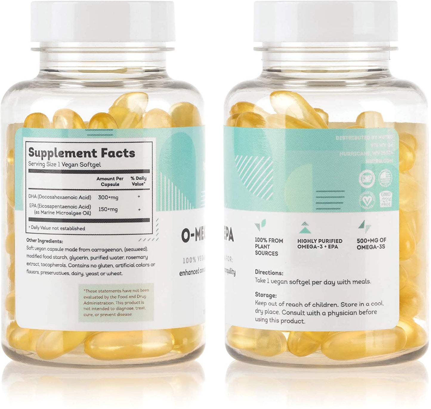 NuTru O-Mega-Zen3 +EPA Vegan Supplement - Algal Omega3 Essential Fatty Acids - 150 mg EPA and 300 mg DHA - Supplements for Brain, Joint and Heart Health - 60 Vegan Softgels