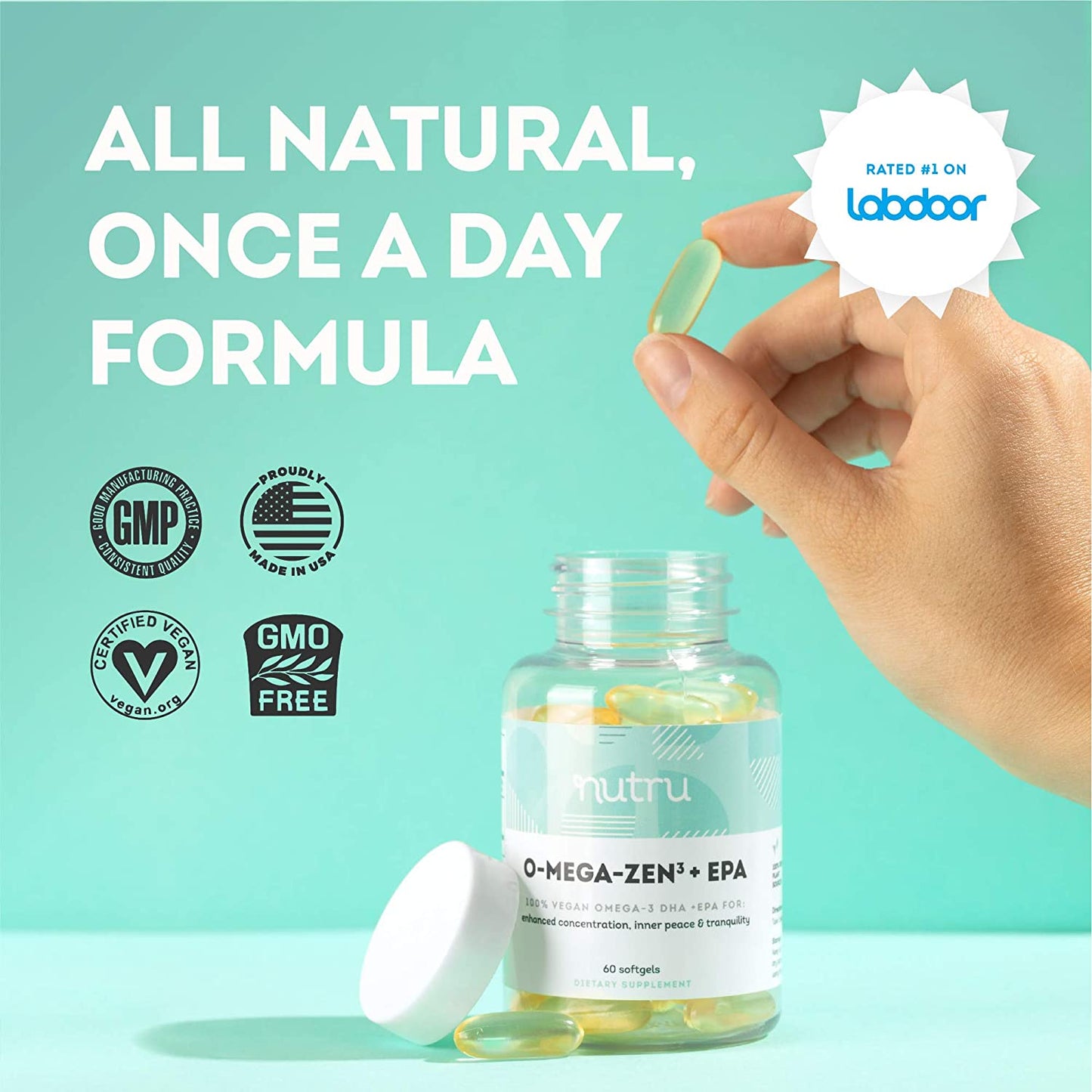 NuTru O-Mega-Zen3 +EPA Vegan Supplement - Algal Omega3 Essential Fatty Acids - 150 mg EPA and 300 mg DHA - Supplements for Brain, Joint and Heart Health - 60 Vegan Softgels