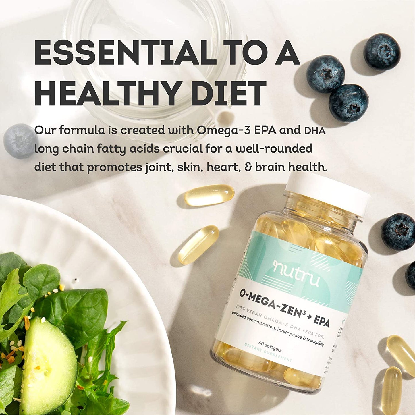 NuTru O-Mega-Zen3 +EPA Vegan Supplement - Algal Omega3 Essential Fatty Acids - 150 mg EPA and 300 mg DHA - Supplements for Brain, Joint and Heart Health - 60 Vegan Softgels