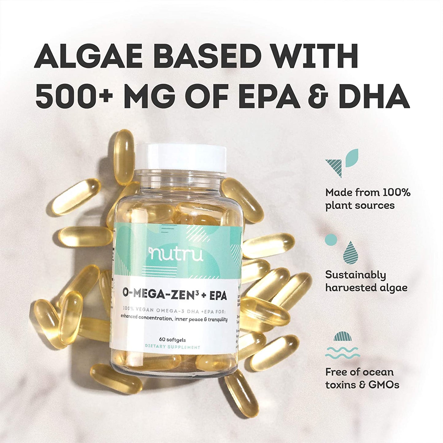 NuTru O-Mega-Zen3 +EPA Vegan Supplement - Algal Omega3 Essential Fatty Acids - 150 mg EPA and 300 mg DHA - Supplements for Brain, Joint and Heart Health - 60 Vegan Softgels