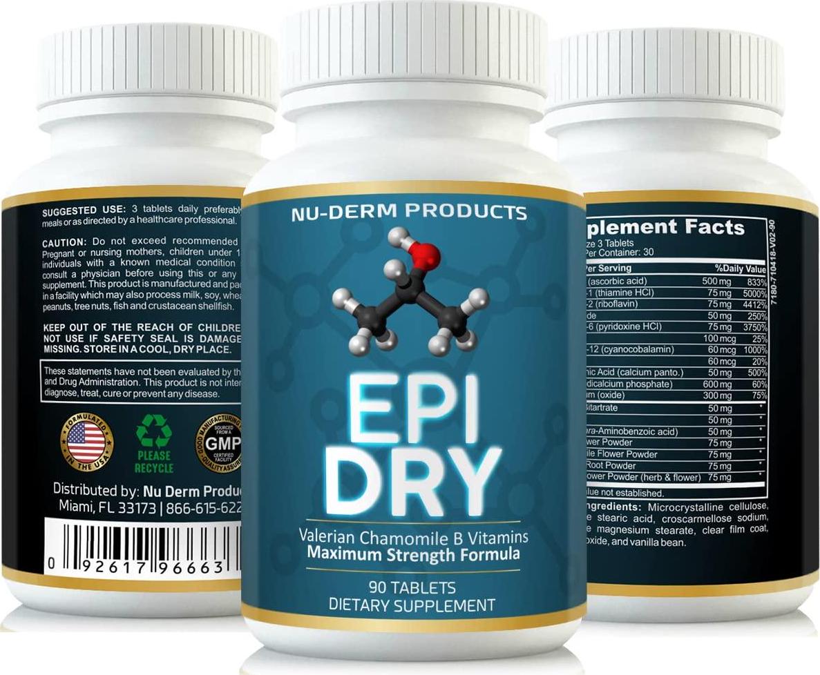 Nuderm Epi Dry HYPERHIDROSIS Treatment Pills Stop Sweating, Sweaty Hands Sweaty Feet Night Sweats Stress Sweat Sweaty Underarms Naturally Proven Antiperspirant Vitamins Treats Hyperhidrosis