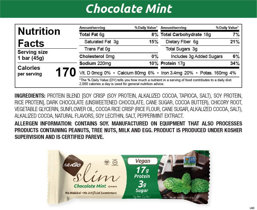Nugo Slim Dark Chocolate Mint, 18g Vegan Protein, 3g Sugar, 6g Fiber, 180 Calorie, Low Net Carbs, Gluten Free, 24 Count