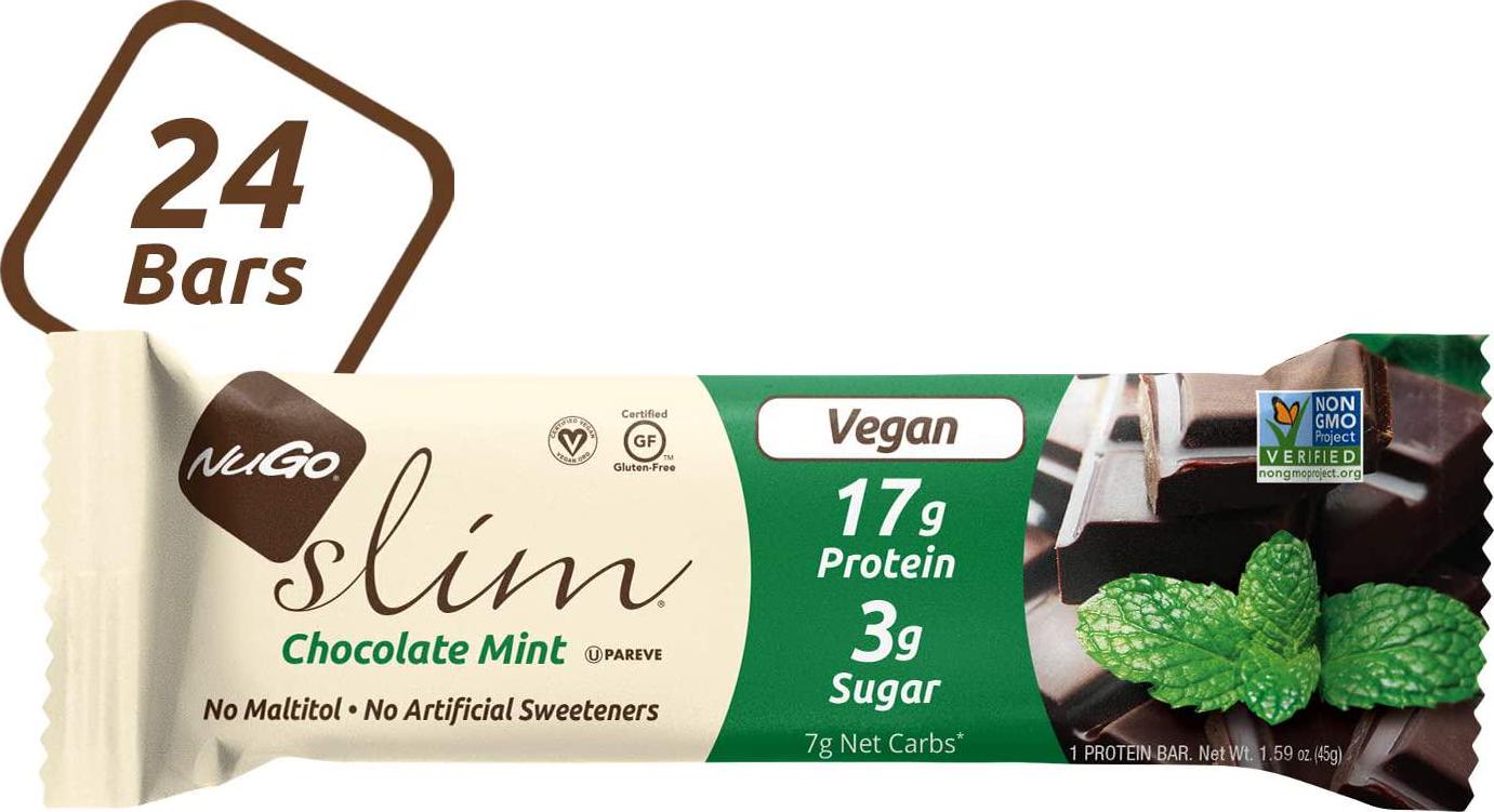 Nugo Slim Dark Chocolate Mint, 18g Vegan Protein, 3g Sugar, 6g Fiber, 180 Calorie, Low Net Carbs, Gluten Free, 24 Count