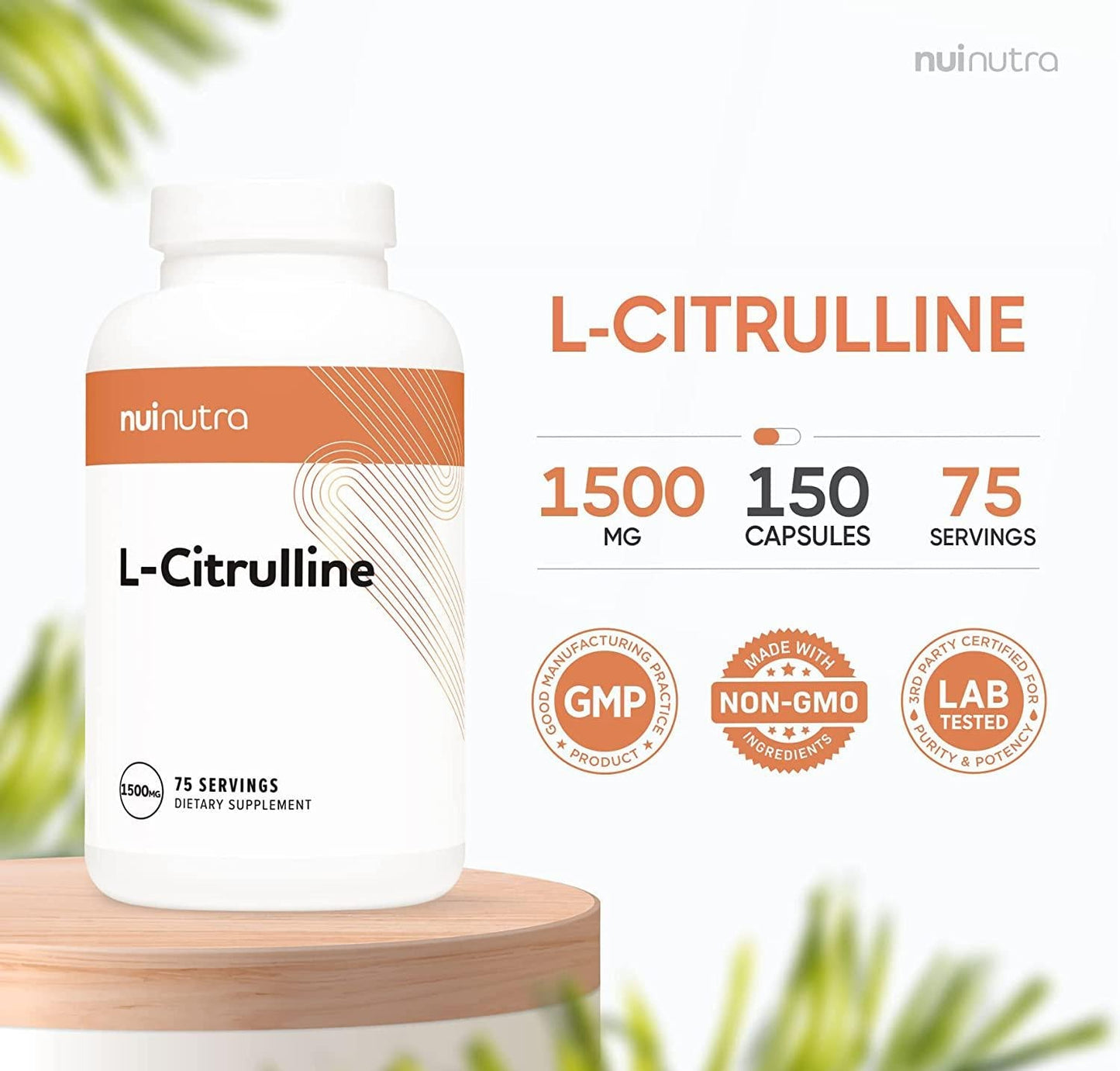 Nui Nutra L-Citrulline Supplement | 1500mg | 150 Capsules | Amino Acid Supplement and Nitric Oxide Booster | Immune and Cardiovascular System Support | Muscle Endurance and Pre-Workout Support