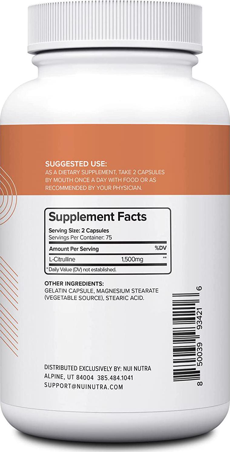 Nui Nutra L-Citrulline Supplement | 1500mg | 150 Capsules | Amino Acid Supplement and Nitric Oxide Booster | Immune and Cardiovascular System Support | Muscle Endurance and Pre-Workout Support