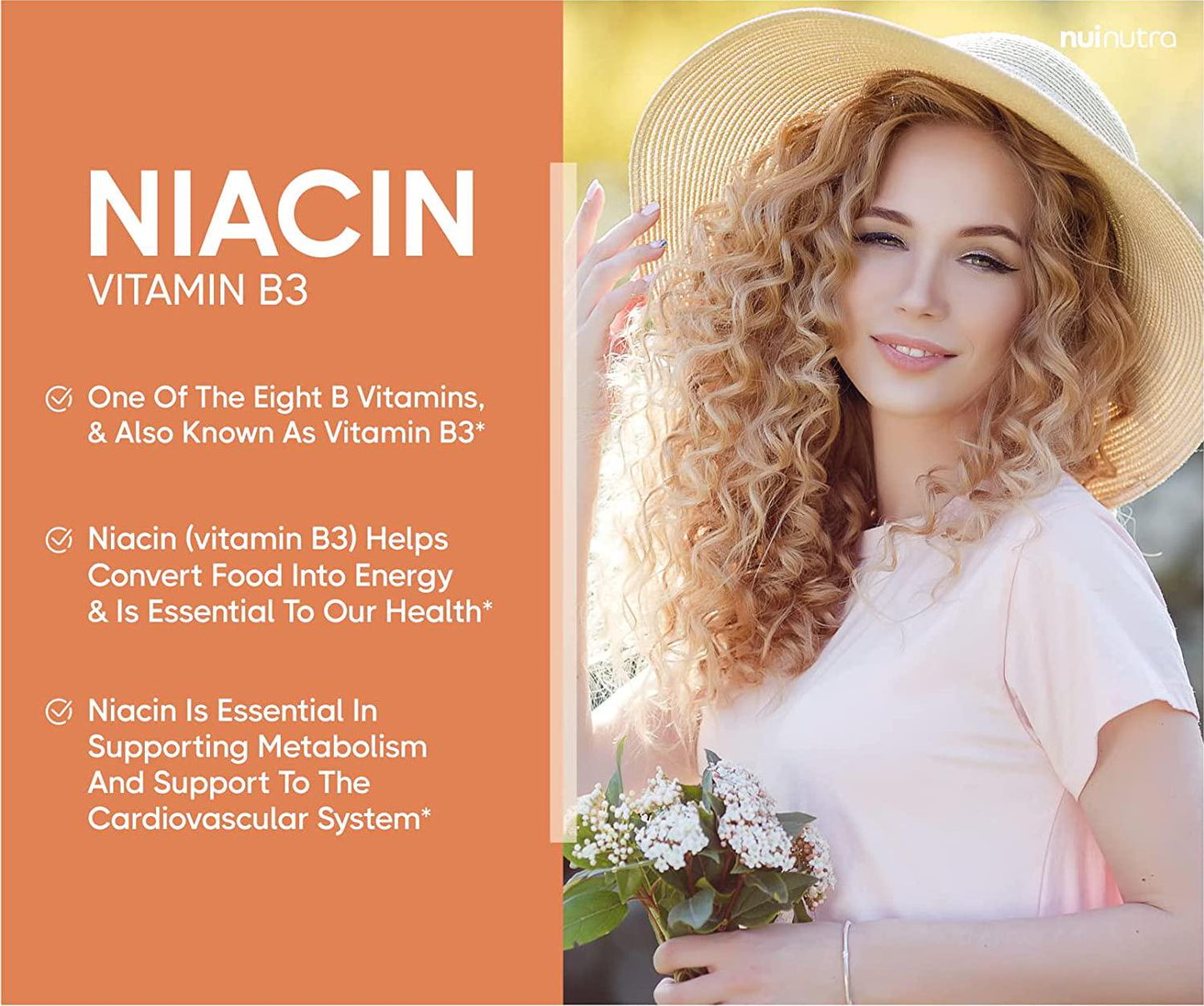 Nui Nutra Niacin (Vitamin B3) Supplement | 500mg | 200 Capsules | Nervous and Cardiovascular System Boost | Skin, Brain, Energy, and Metabolism Support | with Flushing