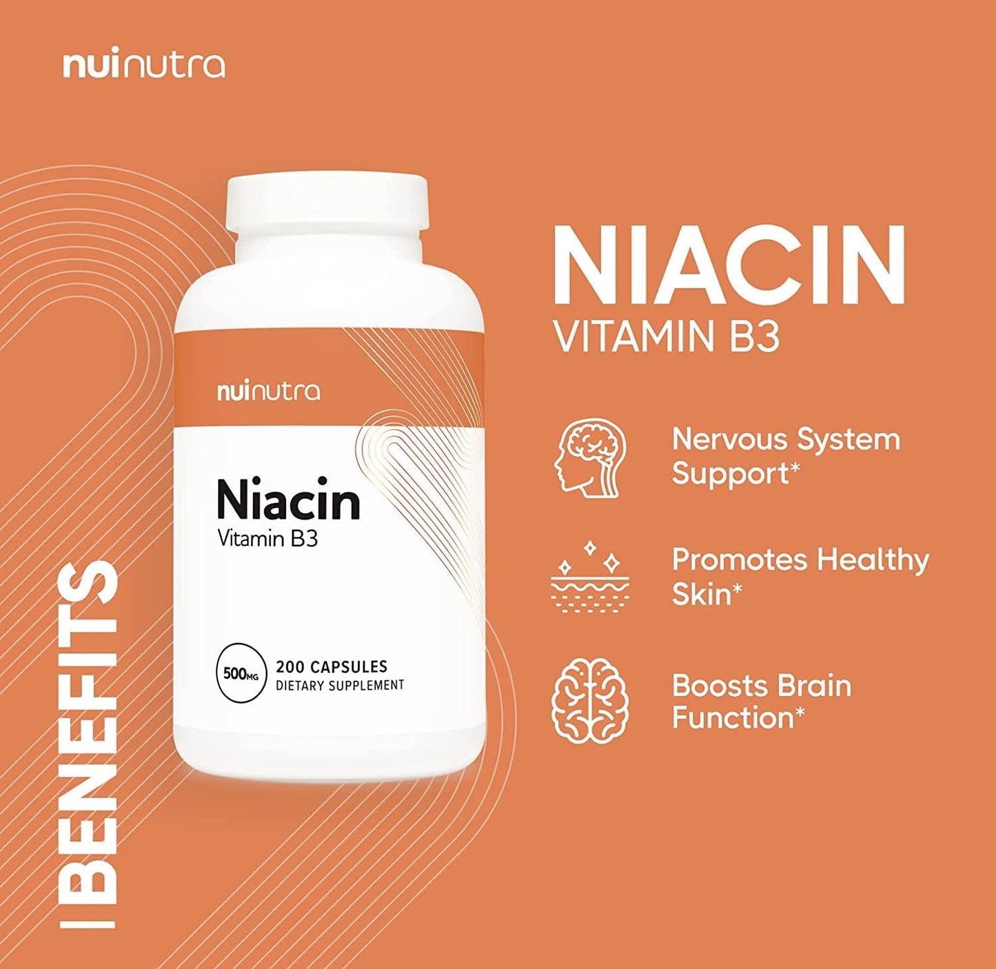 Nui Nutra Niacin (Vitamin B3) Supplement | 500mg | 200 Capsules | Nervous and Cardiovascular System Boost | Skin, Brain, Energy, and Metabolism Support | with Flushing