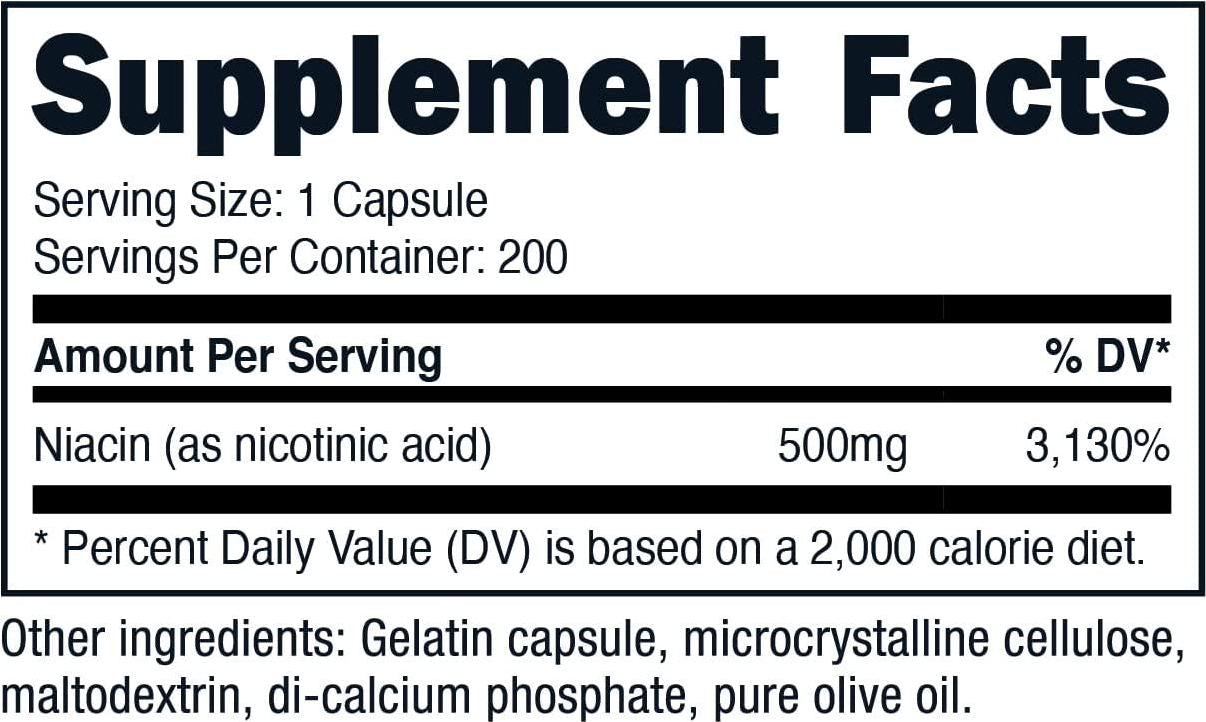 Nui Nutra Niacin (Vitamin B3) Supplement | 500mg | 200 Capsules | Nervous and Cardiovascular System Boost | Skin, Brain, Energy, and Metabolism Support | with Flushing