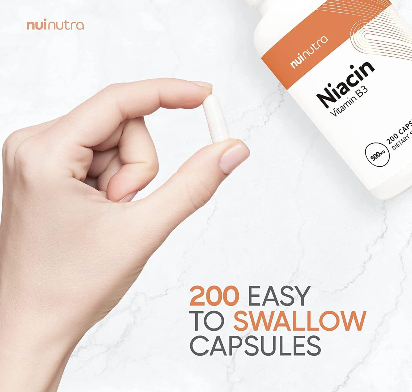 Nui Nutra Niacin (Vitamin B3) Supplement | 500mg | 200 Capsules | Nervous and Cardiovascular System Boost | Skin, Brain, Energy, and Metabolism Support | with Flushing