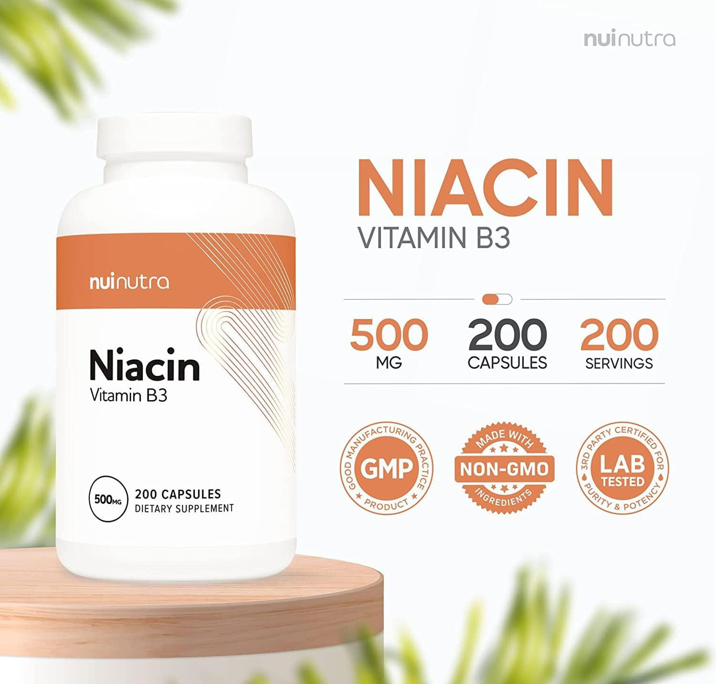 Nui Nutra Niacin (Vitamin B3) Supplement | 500mg | 200 Capsules | Nervous and Cardiovascular System Boost | Skin, Brain, Energy, and Metabolism Support | with Flushing