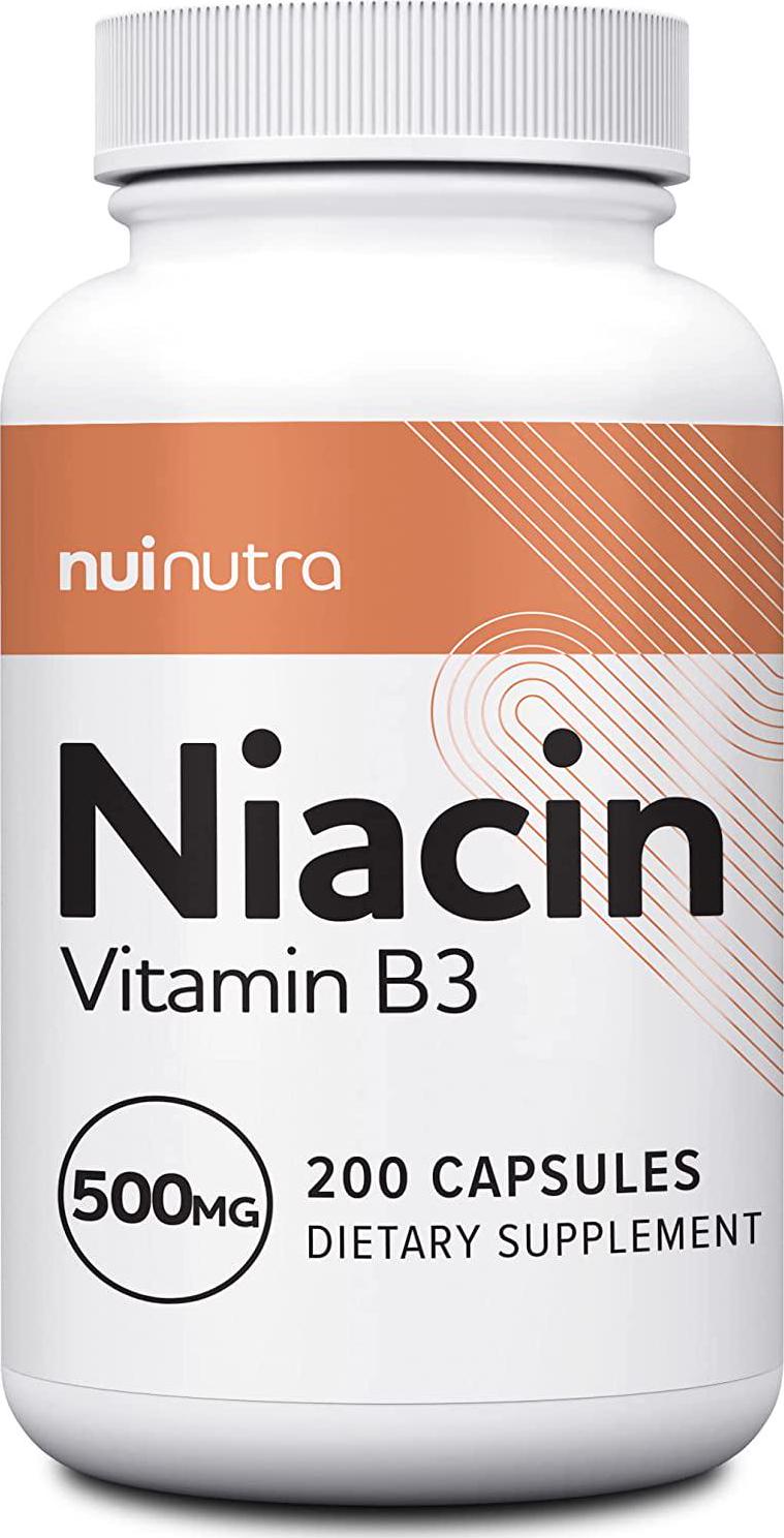 Nui Nutra Niacin (Vitamin B3) Supplement | 500mg | 200 Capsules | Nervous and Cardiovascular System Boost | Skin, Brain, Energy, and Metabolism Support | with Flushing