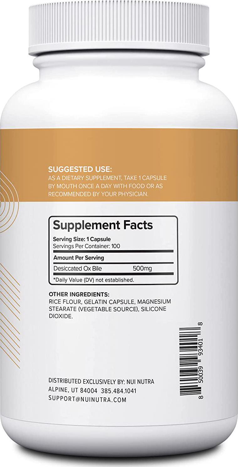 Nui Nutra Ox Bile Supplement 500mg | 100 Capsules | Digestive Enzymes | Fat Digestion and Liver Support | Promotes Good Metabolism | Supports Gallbladder and Bile Flow