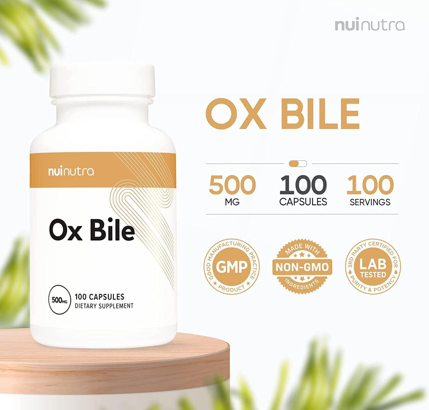 Nui Nutra Ox Bile Supplement 500mg | 100 Capsules | Digestive Enzymes | Fat Digestion and Liver Support | Promotes Good Metabolism | Supports Gallbladder and Bile Flow