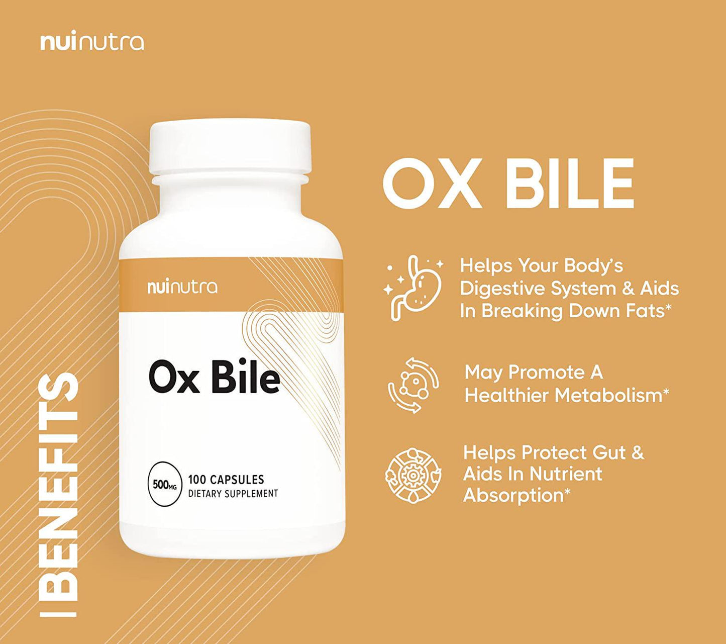 Nui Nutra Ox Bile Supplement 500mg | 100 Capsules | Digestive Enzymes | Fat Digestion and Liver Support | Promotes Good Metabolism | Supports Gallbladder and Bile Flow