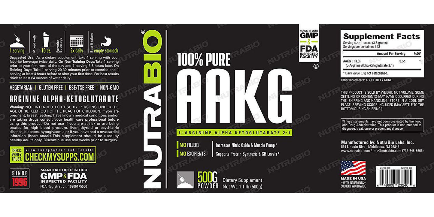 NutraBio 100% Pure AAKG (L-Arginine Alpha Ketoglutarate) - 500 Grams - Nitric Oxide Booster.