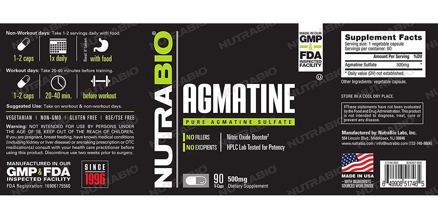 NutraBio Agmatine Sulfate Supplement (500mg, 90 Capsules)