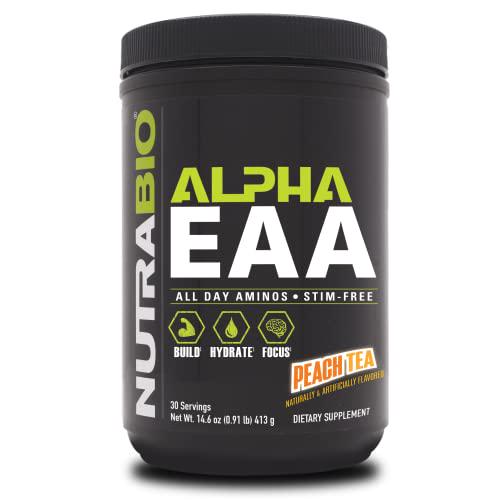 NutraBio Alpha EAA - All-Day Aminos - Recovery, Energy, Focus, and Hydration Supplement - Full Spectrum EAA BCAA Matrix, Electrolytes, Nootropics, Coconut Water - 30 Servings Peach Tea