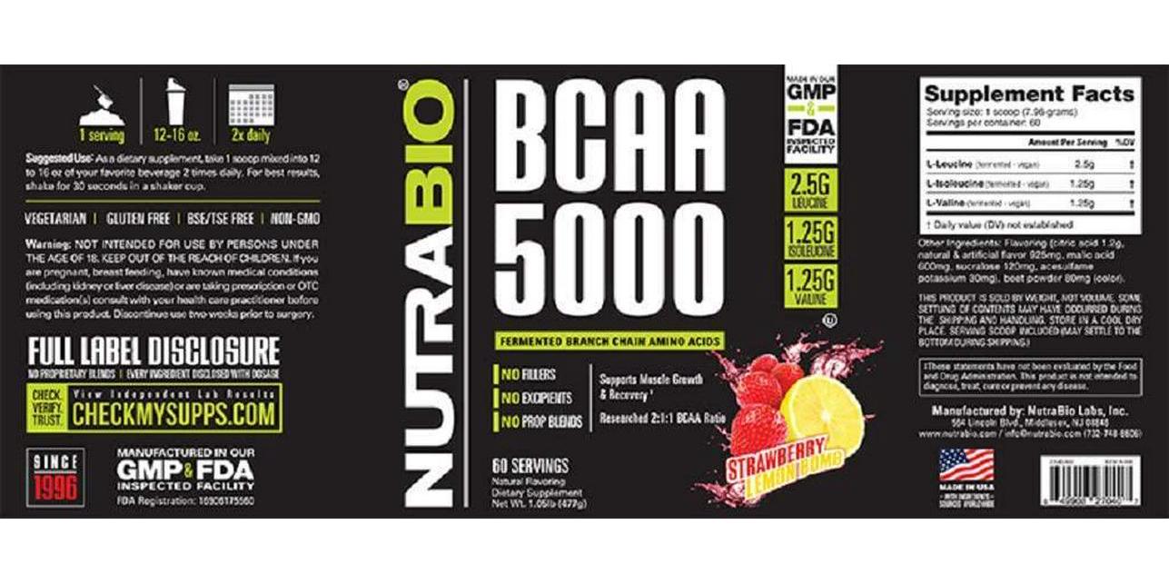 NutraBio BCAA 5000 Powder - Vegan Fermented BCAAs - Supports Lean Muscle Growth, Recovery, Endurance - Zero Fat, Sugar, and Carbs - 60 Servings - Strawberry Lemon Bomb