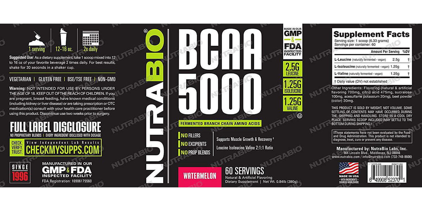 NutraBio - BCAA 5000 Powder Watermelon - 0.9 lbs.