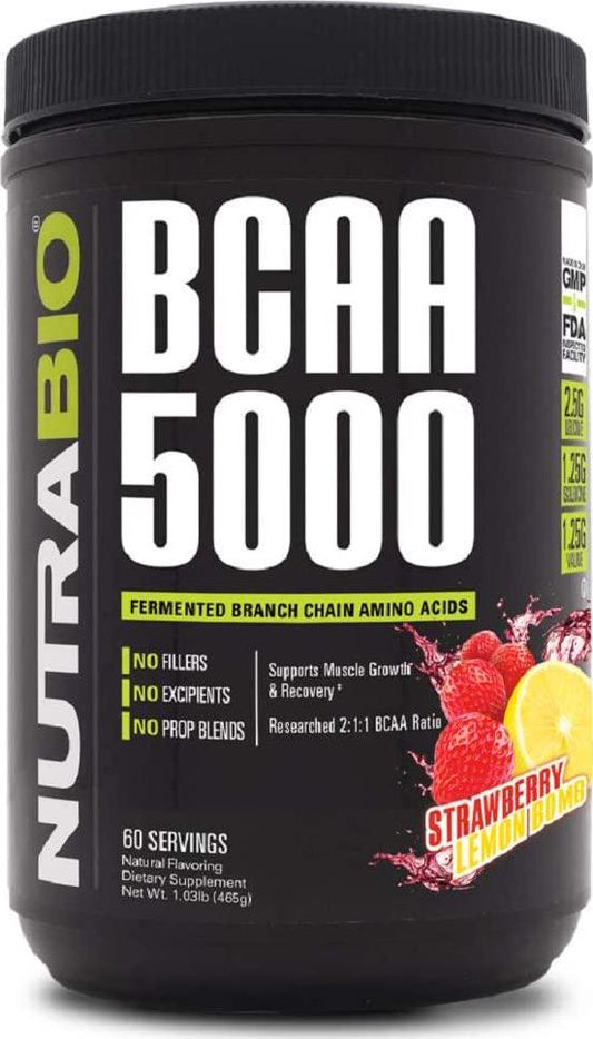 NutraBio BCAA 5000 Powder - Vegan Fermented BCAAs - Supports Lean Muscle Growth, Recovery, Endurance - Zero Fat, Sugar, and Carbs - 60 Servings - Strawberry Lemon Bomb