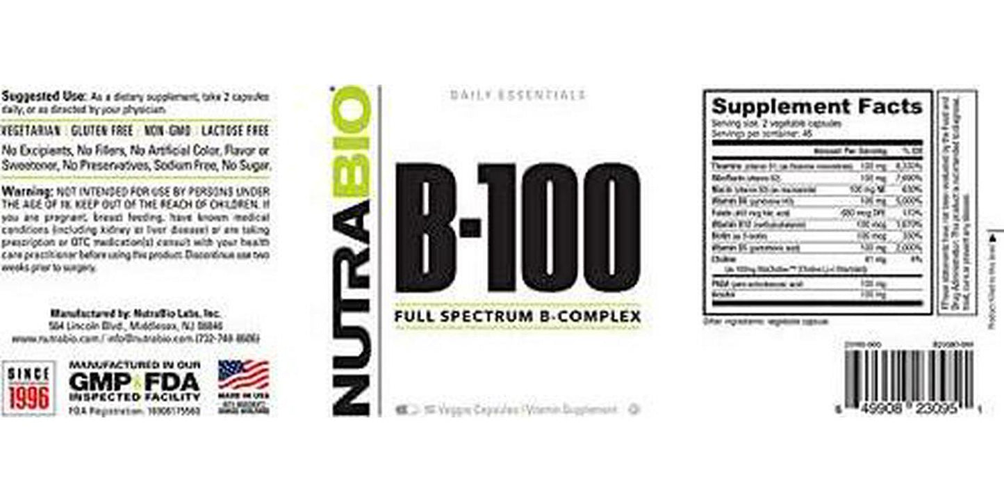 NutraBio B-100, B Vitamin Complex, Immune System and Nervous System Support, Healthy Hair, Skin, Nails, 90 Vegetable Capsules