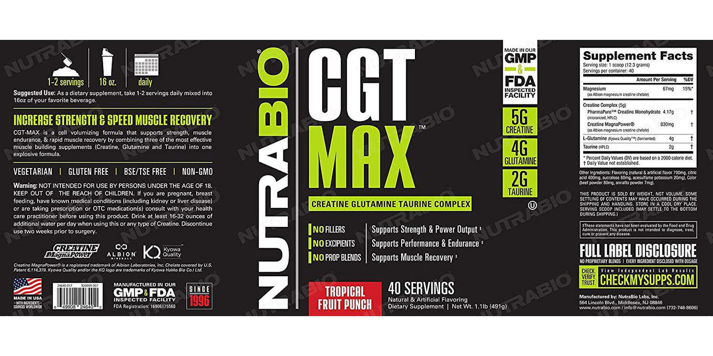 NutraBio CGT-MAX (Fruit Punch) - Creatine, Glutamine, and Taurine Powder