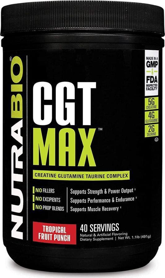 NutraBio CGT-MAX (Fruit Punch) - Creatine, Glutamine, and Taurine Powder
