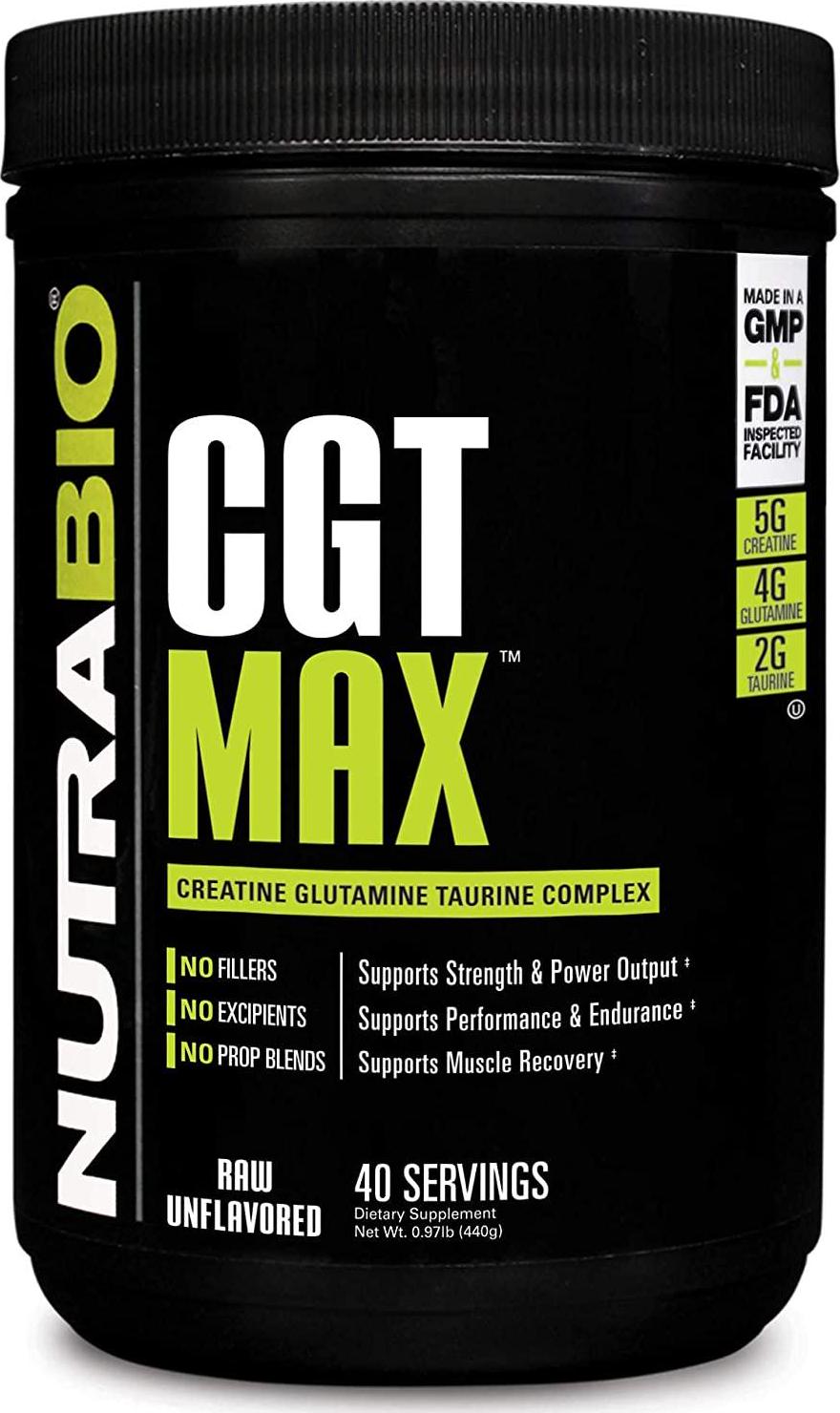 NutraBio CGT-MAX (Unflavored) - Creatine, Glutamine, and Taurine Powder