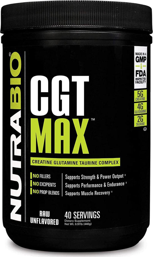 NutraBio CGT-MAX (Unflavored) - Creatine, Glutamine, and Taurine Powder