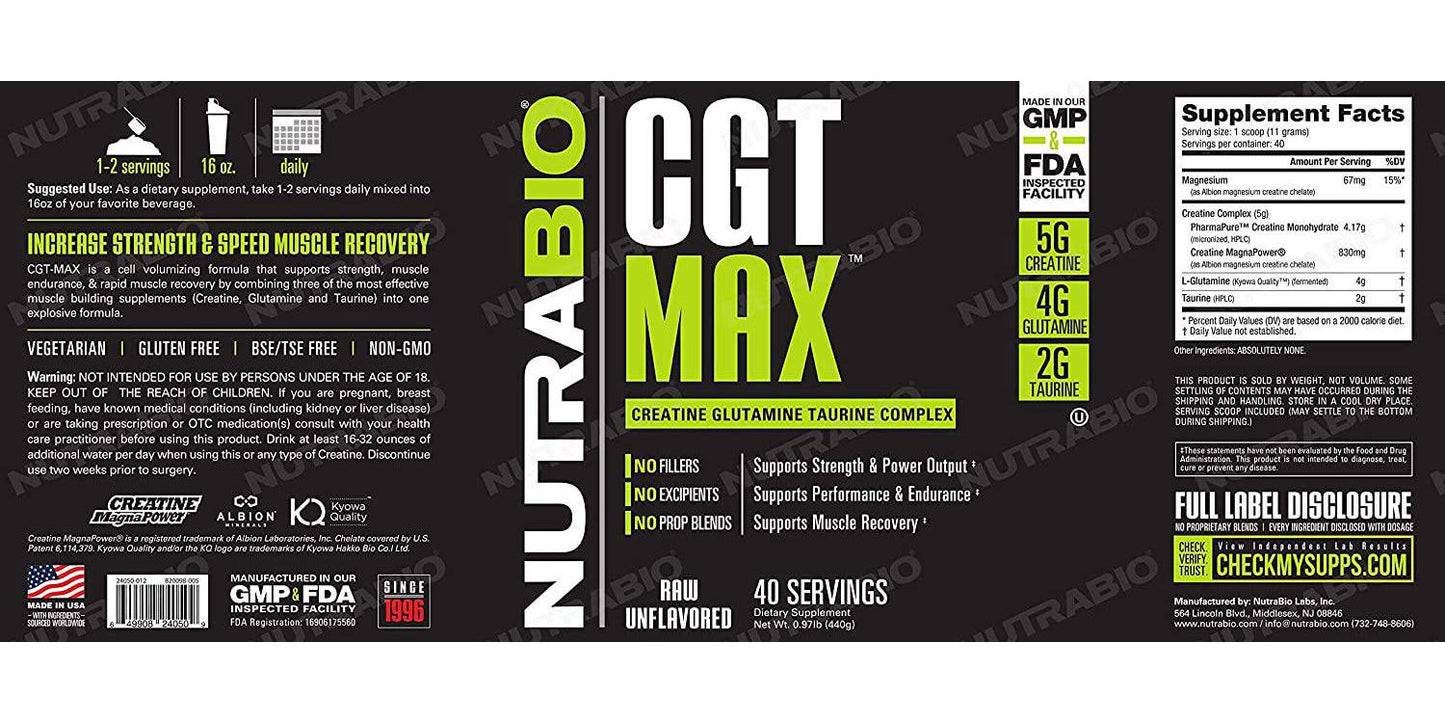 NutraBio CGT-MAX (Unflavored) - Creatine, Glutamine, and Taurine Powder