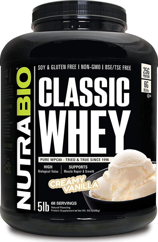 NutraBio Classic Whey Protein Powder- 25G of Protein Per Scoop - Full-Spectrum Amino Acid Profile - No Fillers, Artificial Colors, Preservatives - Low Glycemic Index - Creamy Vanilla, 5 Pounds
