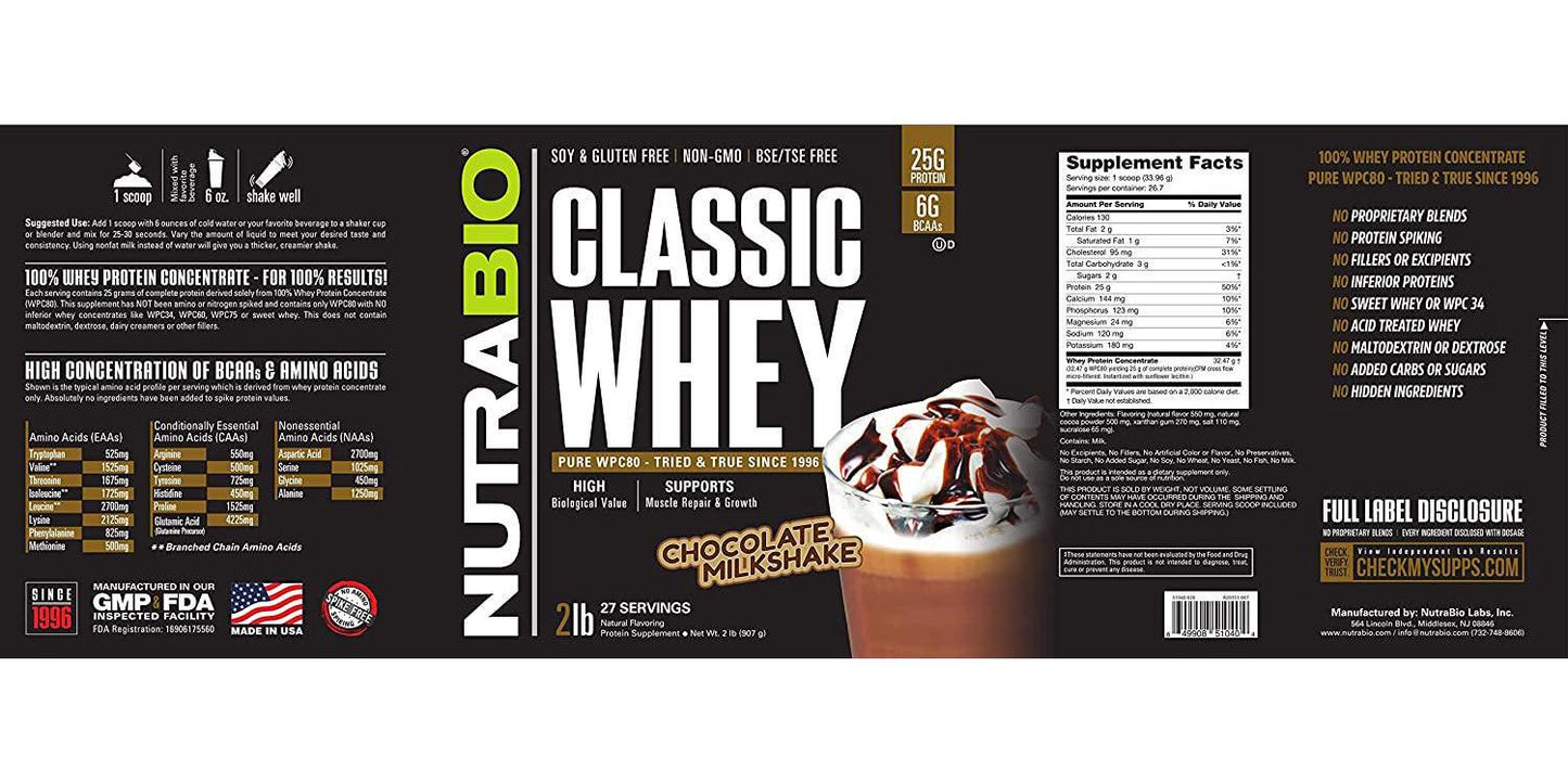 NutraBio Classic Whey Protein Powder- 25G of Protein Per Scoop - Full-Spectrum Amino Acid Profile - No Fillers, Artificial Colors, Preservatives - Low Glycemic Index - Chocolate Milkshake, 2 Pounds
