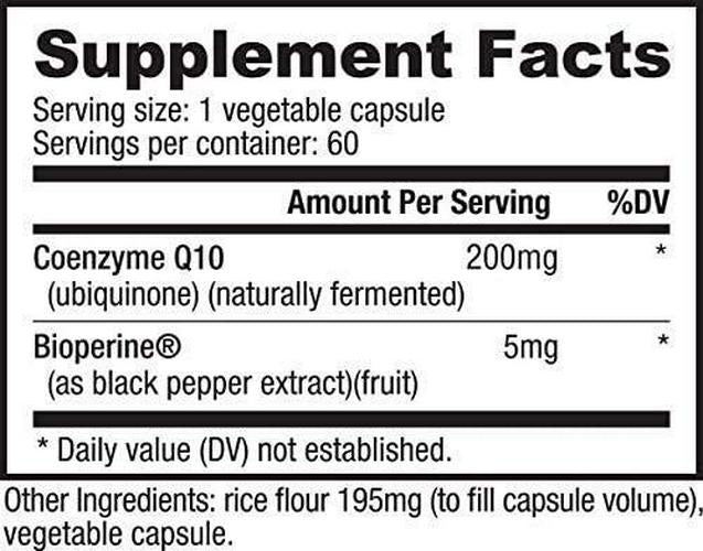 NutraBio CoQ10 Dietary Supplement with Bioperine (60 Capsules, 200mg)